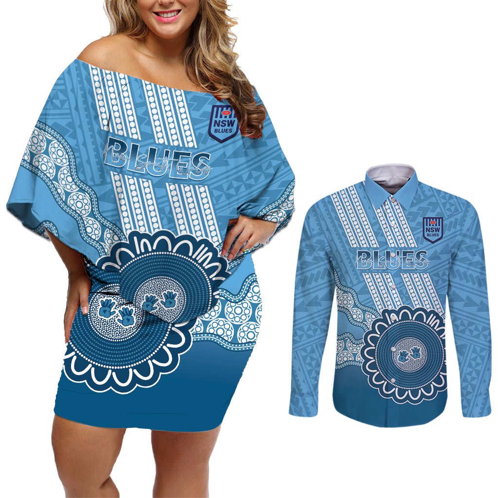 Custom NSW Blues Rugby Couples Matching Off Shoulder Short Dress and Long Sleeve Button Shirt Aussie Aboriginal Mix Polynesian Pattern
