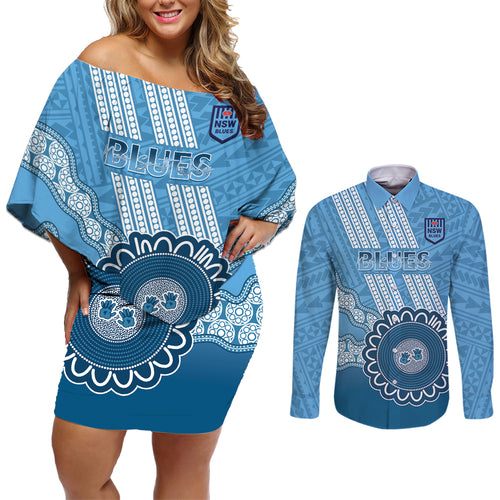 Custom NSW Blues Rugby Couples Matching Off Shoulder Short Dress and Long Sleeve Button Shirt Aussie Aboriginal Mix Polynesian Pattern