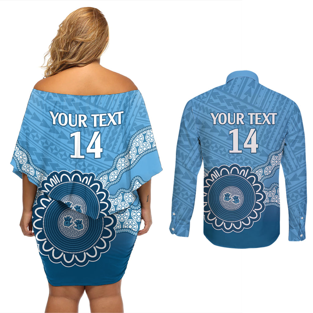 Custom NSW Blues Rugby Couples Matching Off Shoulder Short Dress and Long Sleeve Button Shirt Aussie Aboriginal Mix Polynesian Pattern