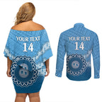 Custom NSW Blues Rugby Couples Matching Off Shoulder Short Dress and Long Sleeve Button Shirt Aussie Aboriginal Mix Polynesian Pattern