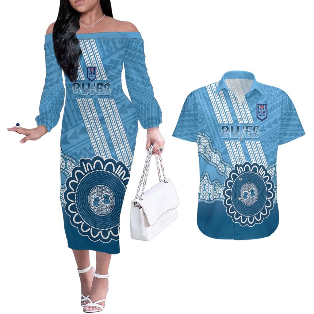 Custom NSW Blues Rugby Couples Matching Off The Shoulder Long Sleeve Dress and Hawaiian Shirt Aussie Aboriginal Mix Polynesian Pattern