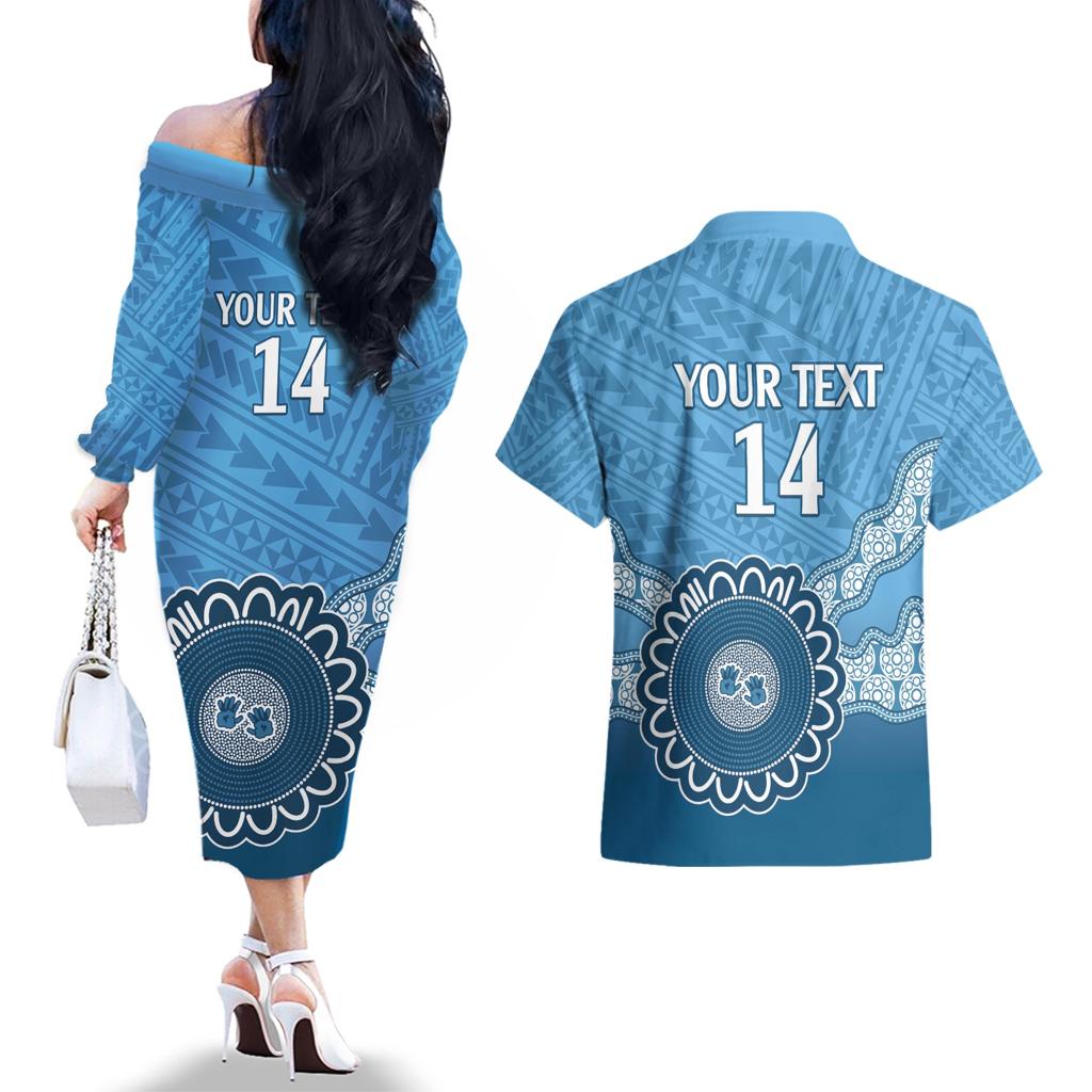 Custom NSW Blues Rugby Couples Matching Off The Shoulder Long Sleeve Dress and Hawaiian Shirt Aussie Aboriginal Mix Polynesian Pattern