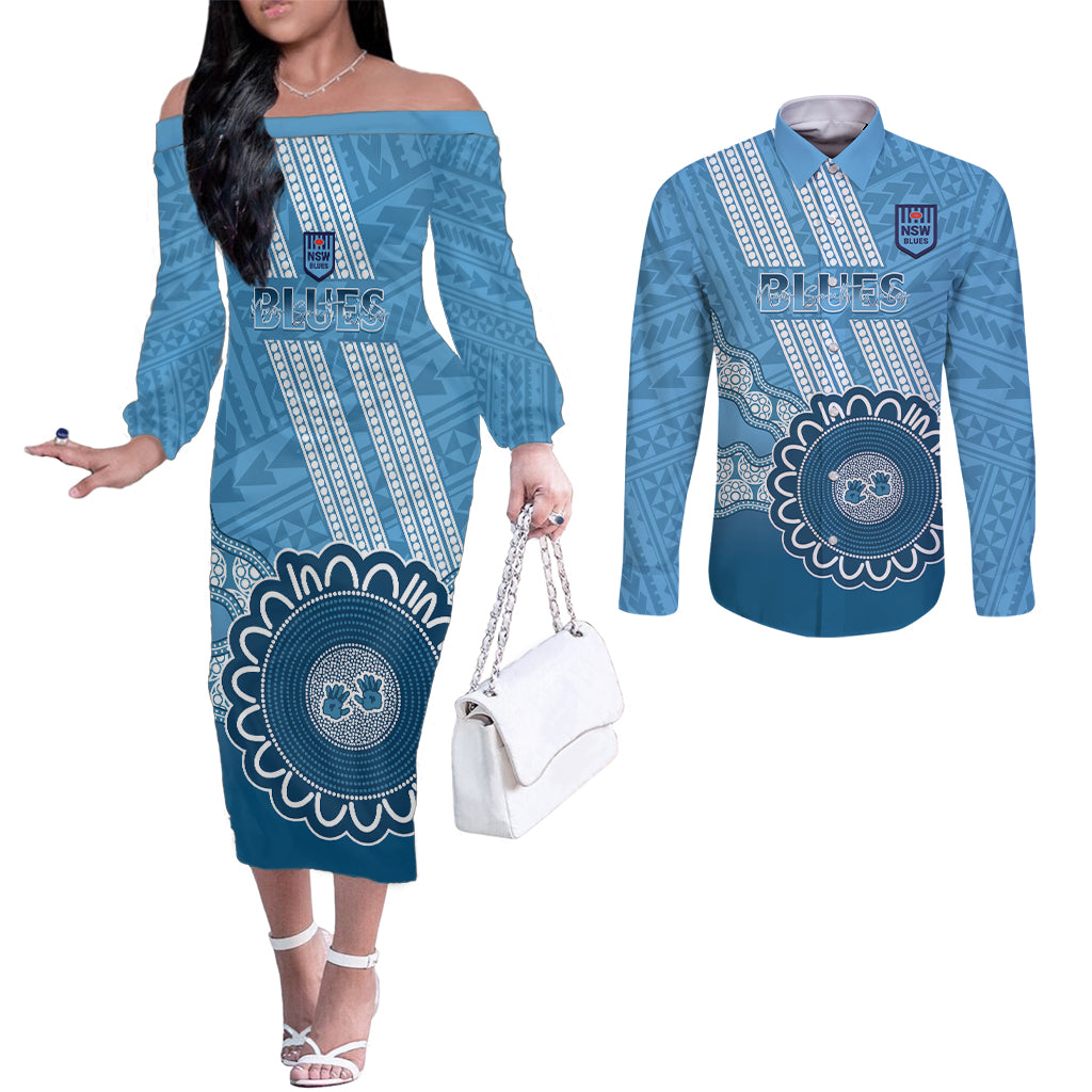 Custom NSW Blues Rugby Couples Matching Off The Shoulder Long Sleeve Dress and Long Sleeve Button Shirt Aussie Aboriginal Mix Polynesian Pattern