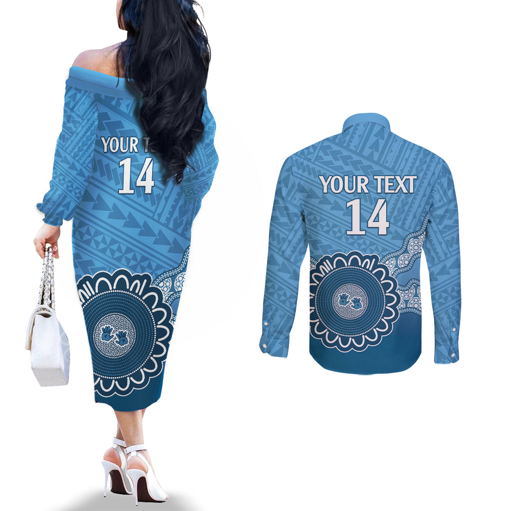 Custom NSW Blues Rugby Couples Matching Off The Shoulder Long Sleeve Dress and Long Sleeve Button Shirt Aussie Aboriginal Mix Polynesian Pattern