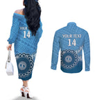 Custom NSW Blues Rugby Couples Matching Off The Shoulder Long Sleeve Dress and Long Sleeve Button Shirt Aussie Aboriginal Mix Polynesian Pattern