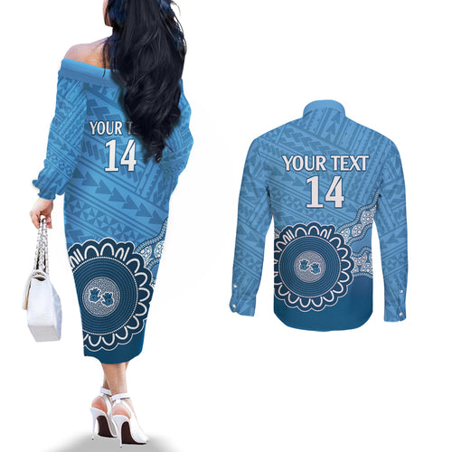 Custom NSW Blues Rugby Couples Matching Off The Shoulder Long Sleeve Dress and Long Sleeve Button Shirt Aussie Aboriginal Mix Polynesian Pattern
