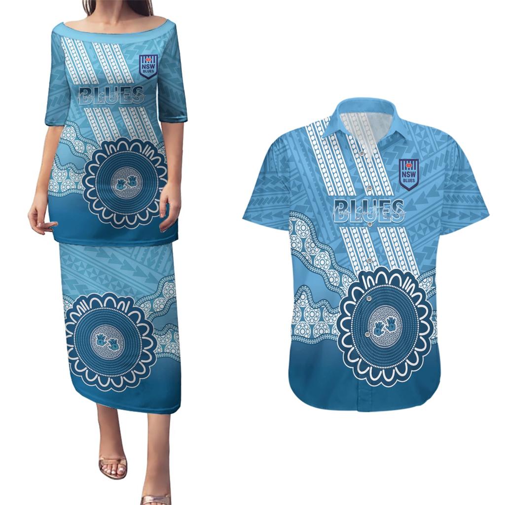 Custom NSW Blues Rugby Couples Matching Puletasi and Hawaiian Shirt Aussie Aboriginal Mix Polynesian Pattern