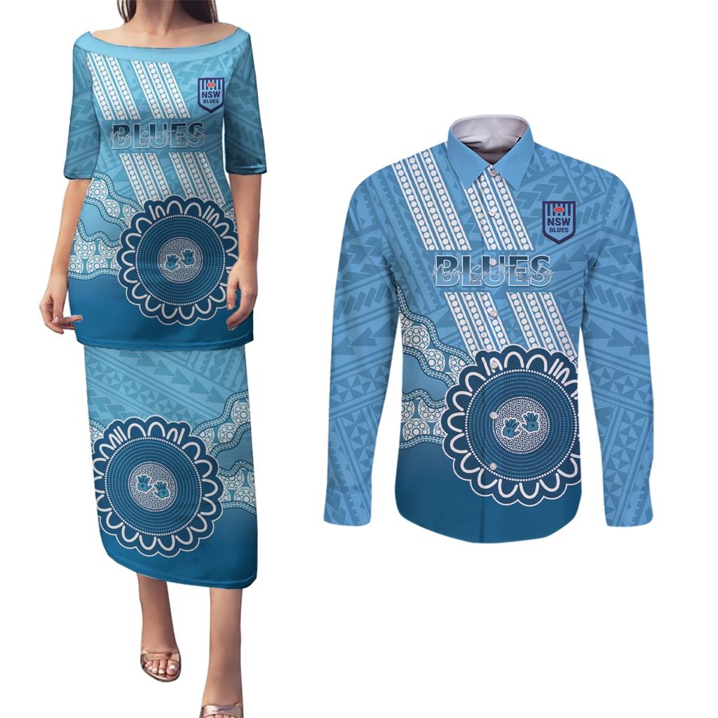 Custom NSW Blues Rugby Couples Matching Puletasi and Long Sleeve Button Shirt Aussie Aboriginal Mix Polynesian Pattern