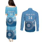Custom NSW Blues Rugby Couples Matching Puletasi and Long Sleeve Button Shirt Aussie Aboriginal Mix Polynesian Pattern