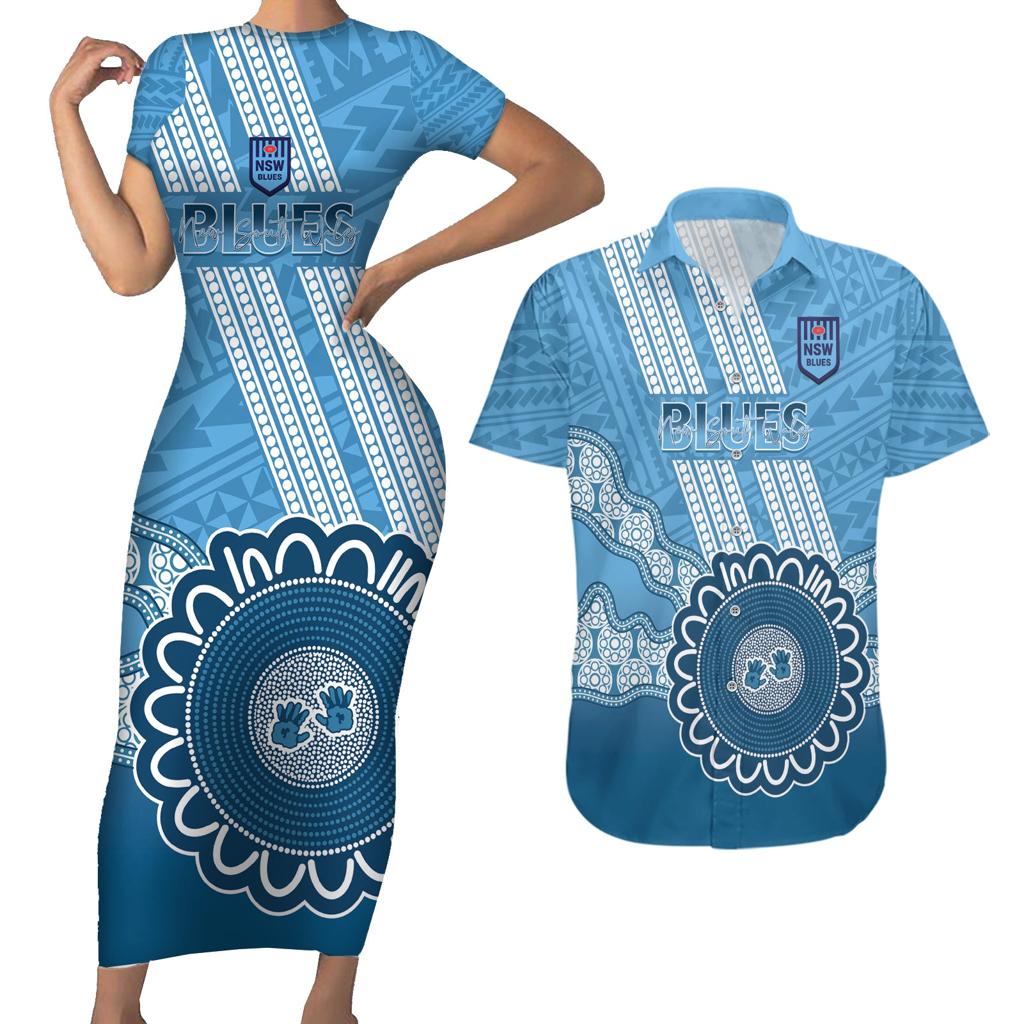 Custom NSW Blues Rugby Couples Matching Short Sleeve Bodycon Dress and Hawaiian Shirt Aussie Aboriginal Mix Polynesian Pattern