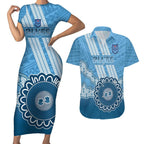 Custom NSW Blues Rugby Couples Matching Short Sleeve Bodycon Dress and Hawaiian Shirt Aussie Aboriginal Mix Polynesian Pattern