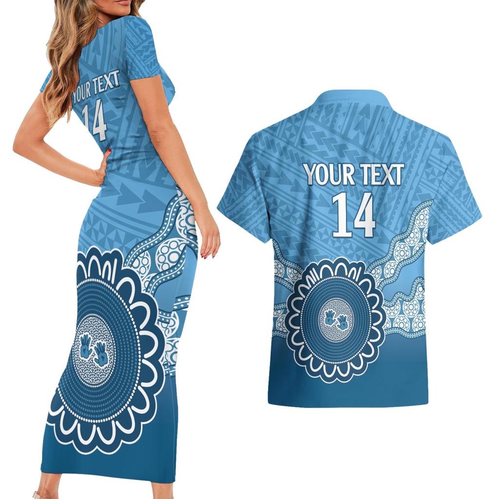 Custom NSW Blues Rugby Couples Matching Short Sleeve Bodycon Dress and Hawaiian Shirt Aussie Aboriginal Mix Polynesian Pattern