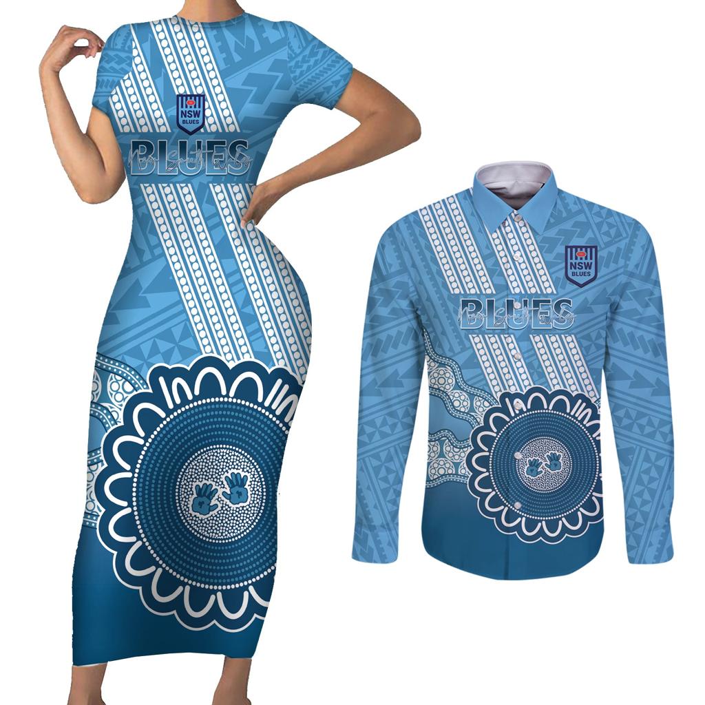 Custom NSW Blues Rugby Couples Matching Short Sleeve Bodycon Dress and Long Sleeve Button Shirt Aussie Aboriginal Mix Polynesian Pattern