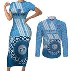 Custom NSW Blues Rugby Couples Matching Short Sleeve Bodycon Dress and Long Sleeve Button Shirt Aussie Aboriginal Mix Polynesian Pattern