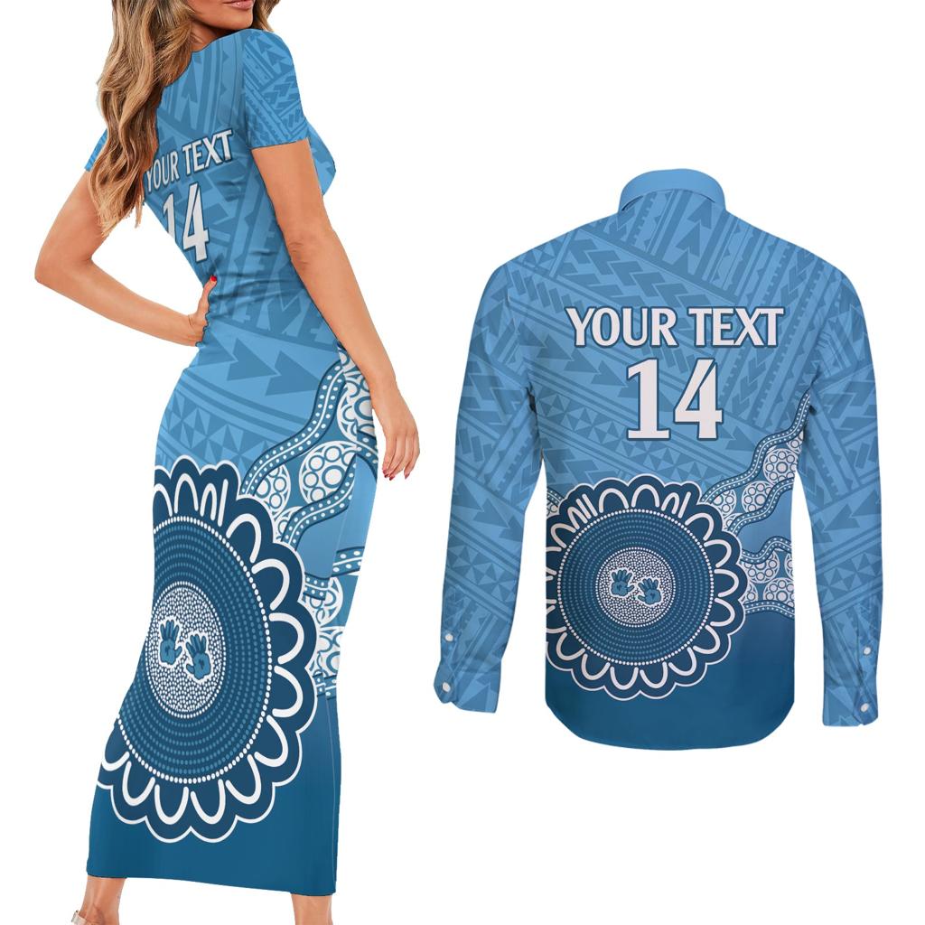 Custom NSW Blues Rugby Couples Matching Short Sleeve Bodycon Dress and Long Sleeve Button Shirt Aussie Aboriginal Mix Polynesian Pattern