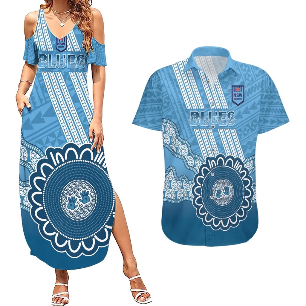 Custom NSW Blues Rugby Couples Matching Summer Maxi Dress and Hawaiian Shirt Aussie Aboriginal Mix Polynesian Pattern