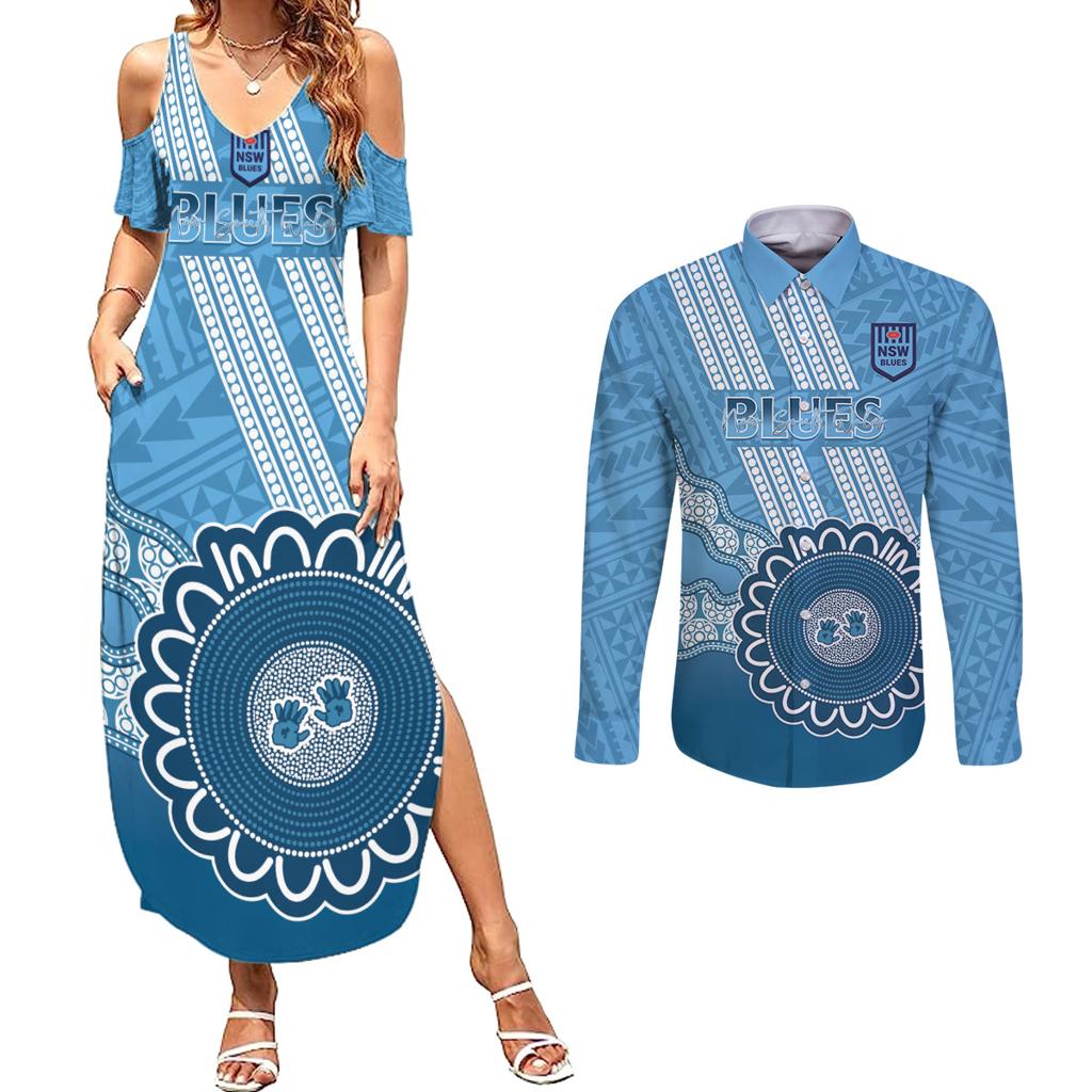 Custom NSW Blues Rugby Couples Matching Summer Maxi Dress and Long Sleeve Button Shirt Aussie Aboriginal Mix Polynesian Pattern