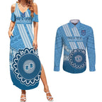 Custom NSW Blues Rugby Couples Matching Summer Maxi Dress and Long Sleeve Button Shirt Aussie Aboriginal Mix Polynesian Pattern