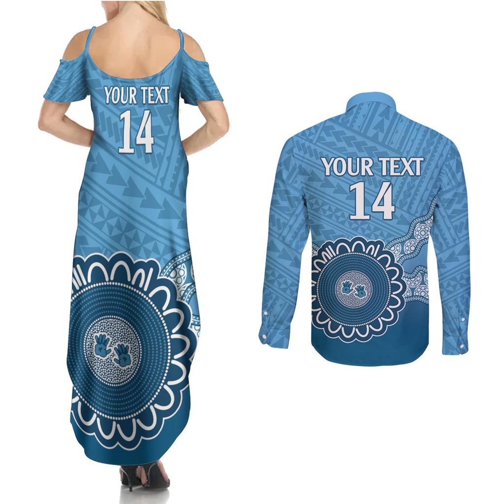 Custom NSW Blues Rugby Couples Matching Summer Maxi Dress and Long Sleeve Button Shirt Aussie Aboriginal Mix Polynesian Pattern