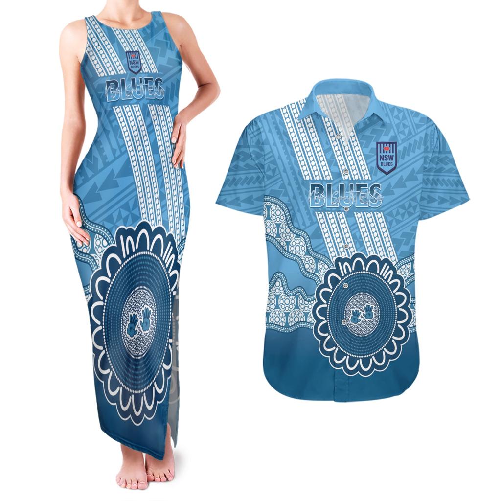 Custom NSW Blues Rugby Couples Matching Tank Maxi Dress and Hawaiian Shirt Aussie Aboriginal Mix Polynesian Pattern