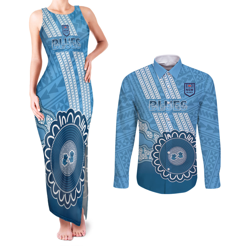 Custom NSW Blues Rugby Couples Matching Tank Maxi Dress and Long Sleeve Button Shirt Aussie Aboriginal Mix Polynesian Pattern