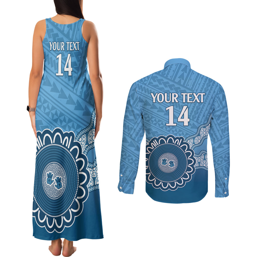 Custom NSW Blues Rugby Couples Matching Tank Maxi Dress and Long Sleeve Button Shirt Aussie Aboriginal Mix Polynesian Pattern