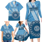 Custom NSW Blues Rugby Family Matching Long Sleeve Bodycon Dress and Hawaiian Shirt Aussie Aboriginal Mix Polynesian Pattern