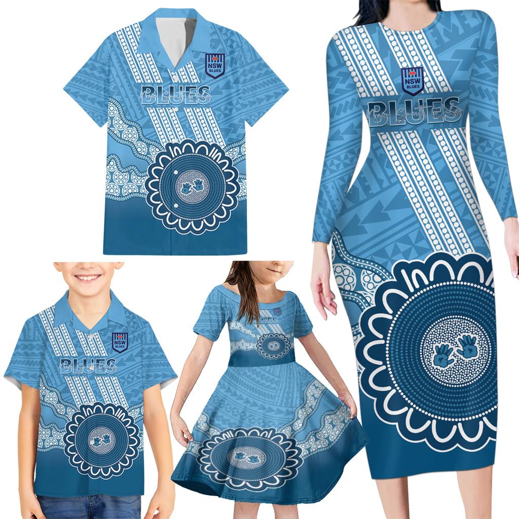 Custom NSW Blues Rugby Family Matching Long Sleeve Bodycon Dress and Hawaiian Shirt Aussie Aboriginal Mix Polynesian Pattern