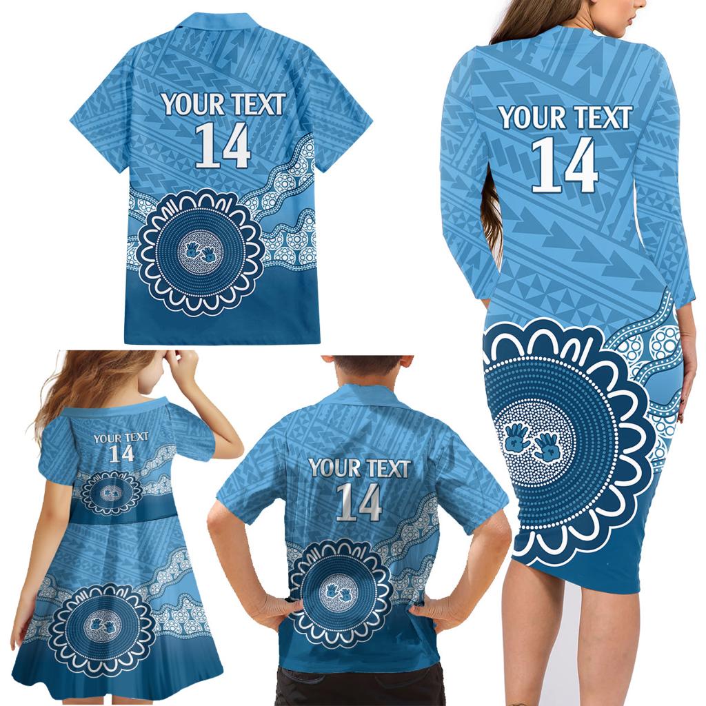 Custom NSW Blues Rugby Family Matching Long Sleeve Bodycon Dress and Hawaiian Shirt Aussie Aboriginal Mix Polynesian Pattern
