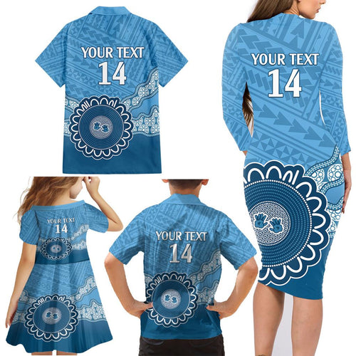 Custom NSW Blues Rugby Family Matching Long Sleeve Bodycon Dress and Hawaiian Shirt Aussie Aboriginal Mix Polynesian Pattern