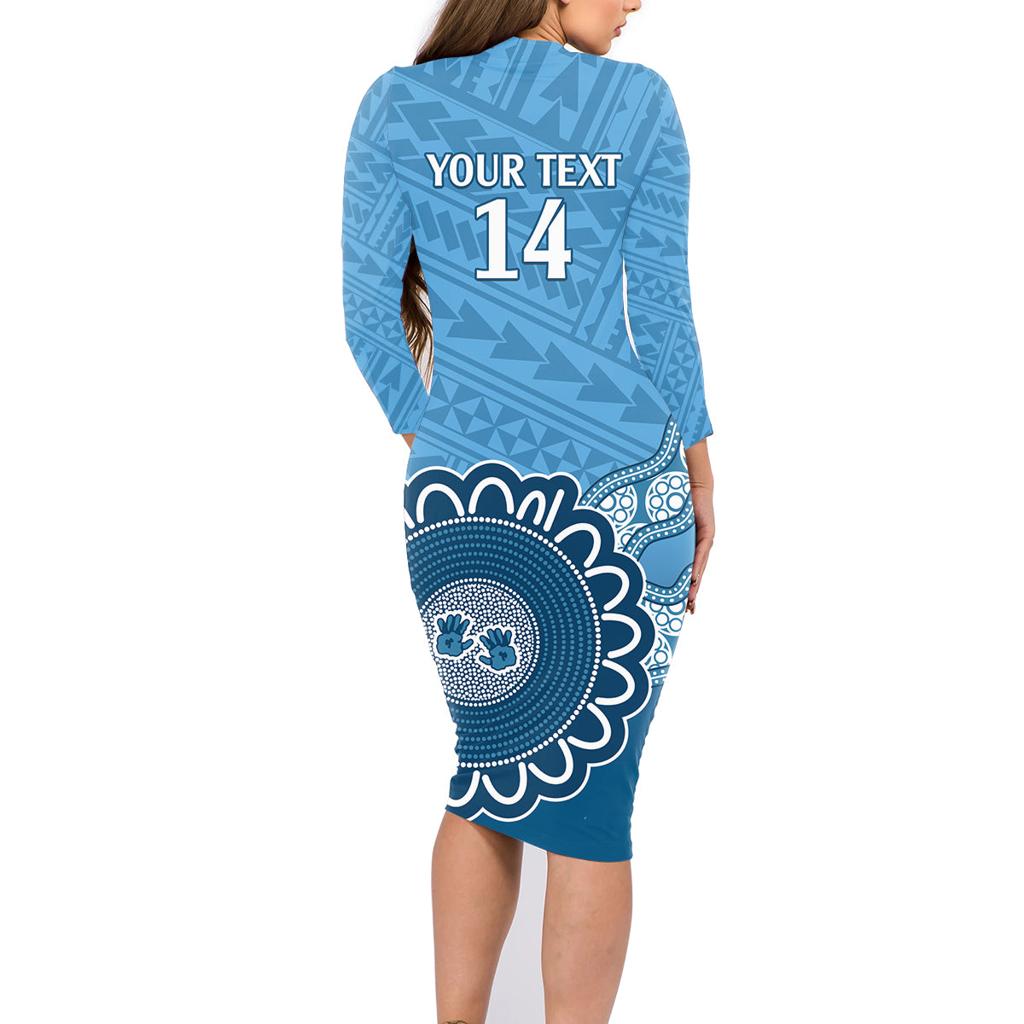 Custom NSW Blues Rugby Family Matching Long Sleeve Bodycon Dress and Hawaiian Shirt Aussie Aboriginal Mix Polynesian Pattern