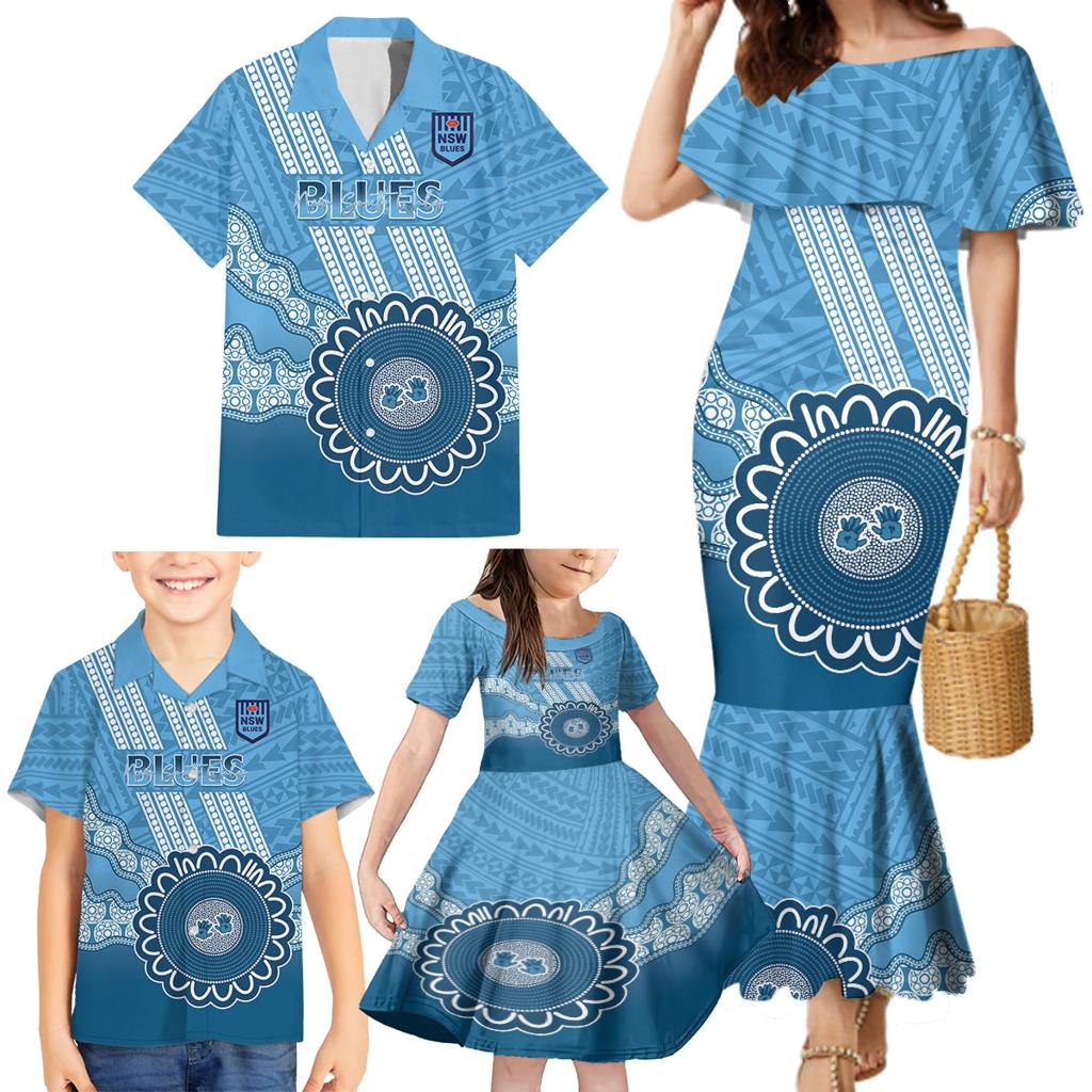 Custom NSW Blues Rugby Family Matching Mermaid Dress and Hawaiian Shirt Aussie Aboriginal Mix Polynesian Pattern