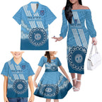 Custom NSW Blues Rugby Family Matching Off The Shoulder Long Sleeve Dress and Hawaiian Shirt Aussie Aboriginal Mix Polynesian Pattern