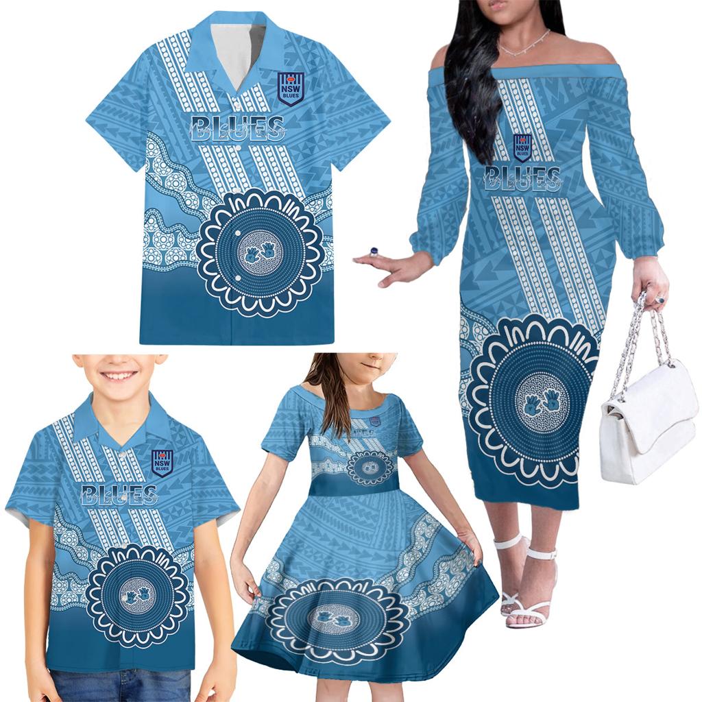Custom NSW Blues Rugby Family Matching Off The Shoulder Long Sleeve Dress and Hawaiian Shirt Aussie Aboriginal Mix Polynesian Pattern
