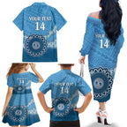 Custom NSW Blues Rugby Family Matching Off The Shoulder Long Sleeve Dress and Hawaiian Shirt Aussie Aboriginal Mix Polynesian Pattern