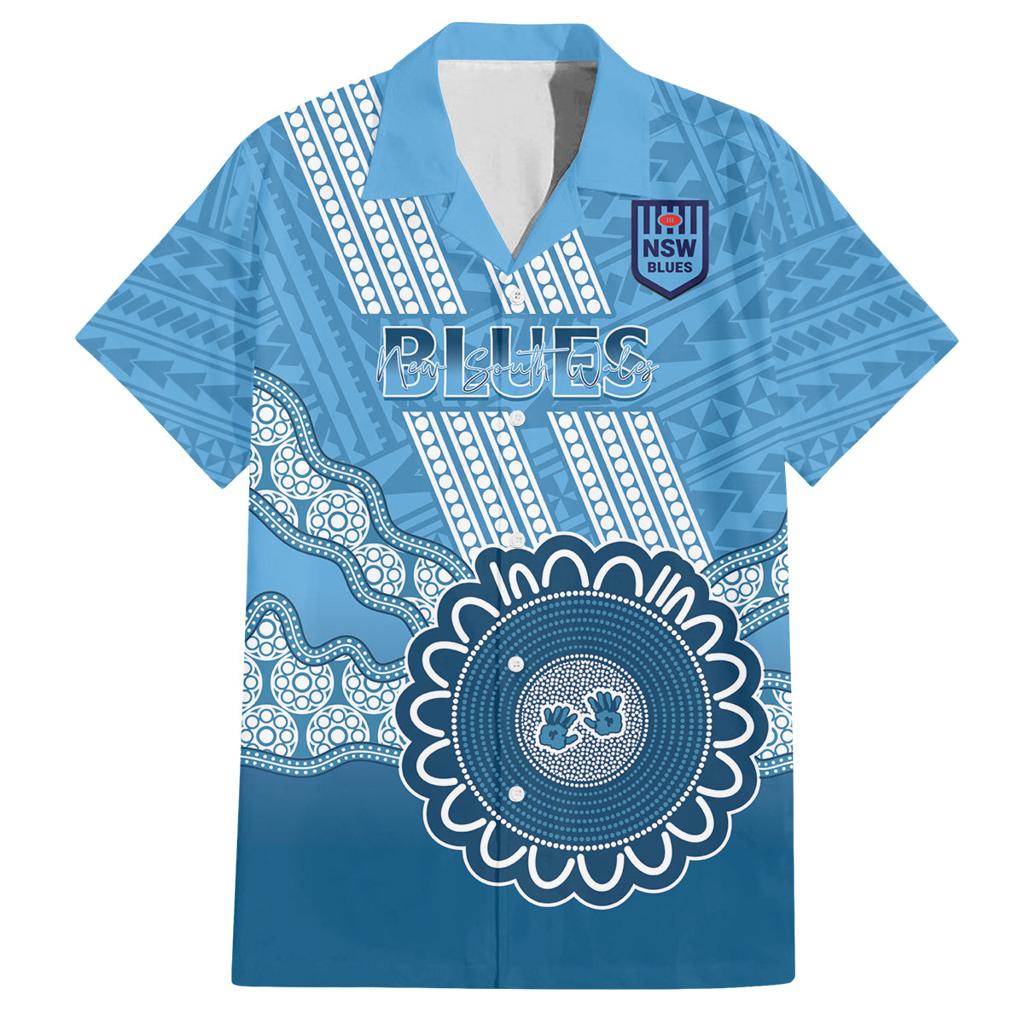 Custom NSW Blues Rugby Family Matching Off The Shoulder Long Sleeve Dress and Hawaiian Shirt Aussie Aboriginal Mix Polynesian Pattern