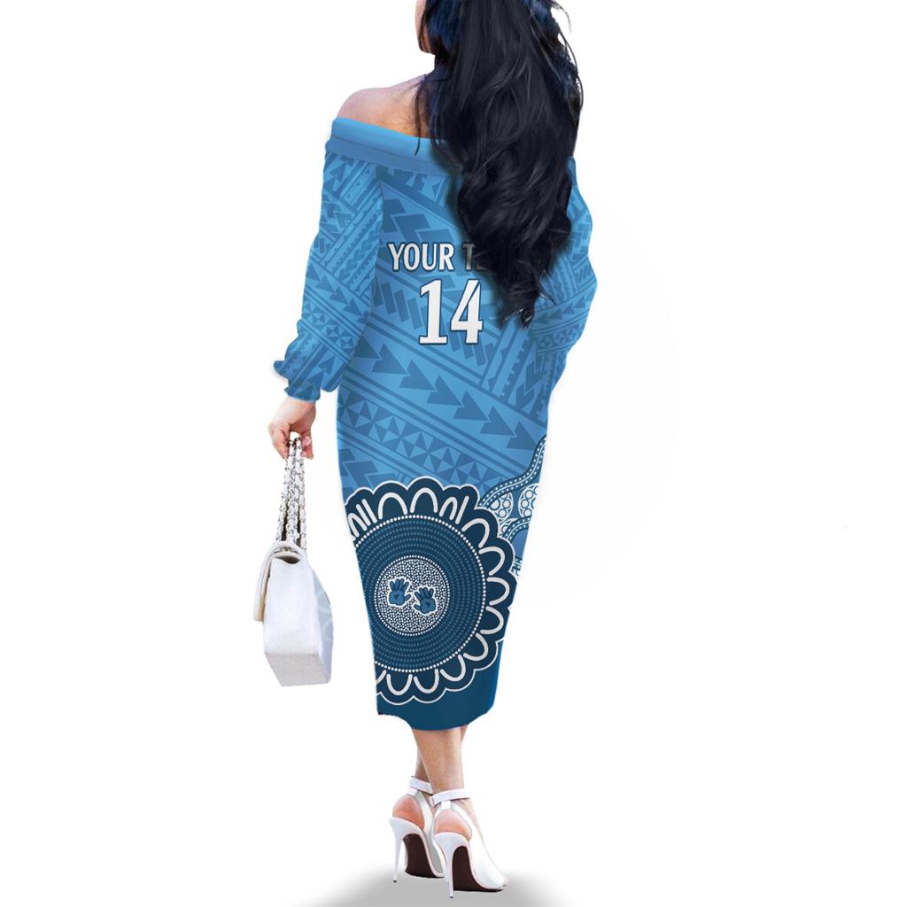 Custom NSW Blues Rugby Family Matching Off The Shoulder Long Sleeve Dress and Hawaiian Shirt Aussie Aboriginal Mix Polynesian Pattern