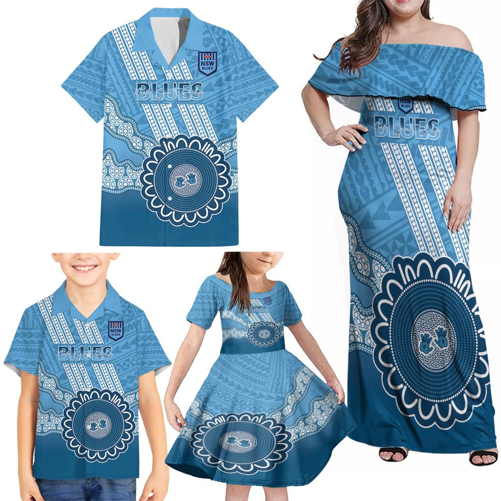 Custom NSW Blues Rugby Family Matching Off Shoulder Maxi Dress and Hawaiian Shirt Aussie Aboriginal Mix Polynesian Pattern