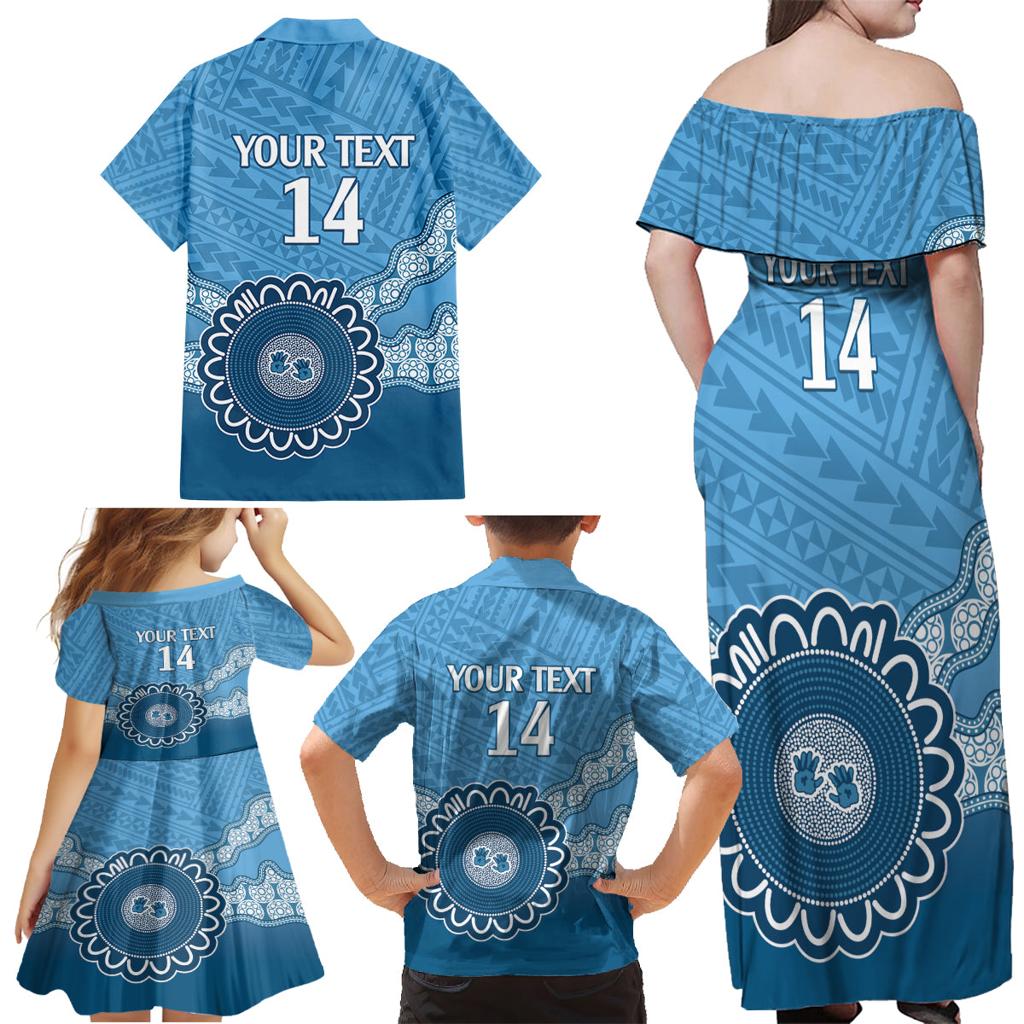 Custom NSW Blues Rugby Family Matching Off Shoulder Maxi Dress and Hawaiian Shirt Aussie Aboriginal Mix Polynesian Pattern