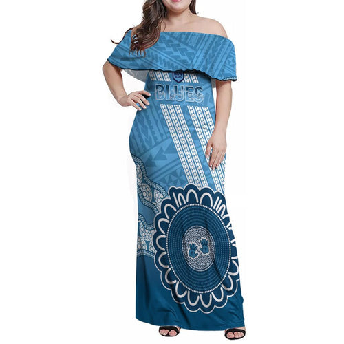 Custom NSW Blues Rugby Family Matching Off Shoulder Maxi Dress and Hawaiian Shirt Aussie Aboriginal Mix Polynesian Pattern