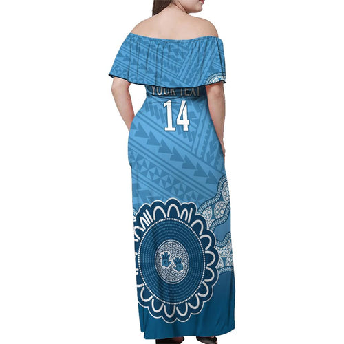 Custom NSW Blues Rugby Family Matching Off Shoulder Maxi Dress and Hawaiian Shirt Aussie Aboriginal Mix Polynesian Pattern