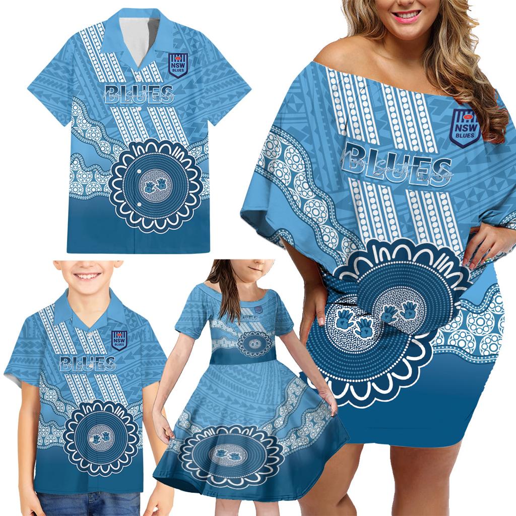 Custom NSW Blues Rugby Family Matching Off Shoulder Short Dress and Hawaiian Shirt Aussie Aboriginal Mix Polynesian Pattern