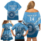 Custom NSW Blues Rugby Family Matching Off Shoulder Short Dress and Hawaiian Shirt Aussie Aboriginal Mix Polynesian Pattern