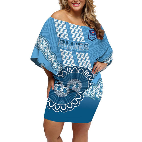 Custom NSW Blues Rugby Family Matching Off Shoulder Short Dress and Hawaiian Shirt Aussie Aboriginal Mix Polynesian Pattern