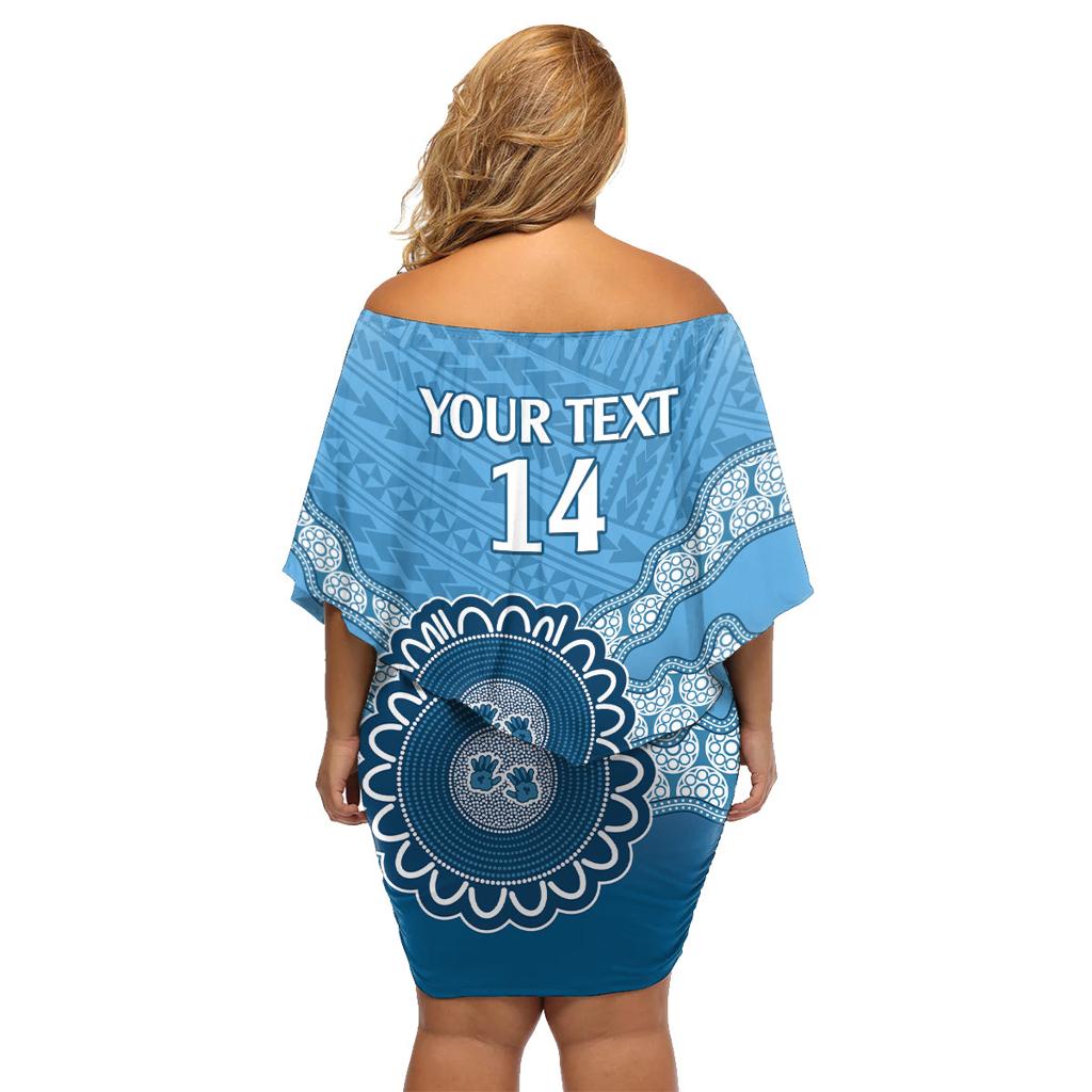 Custom NSW Blues Rugby Family Matching Off Shoulder Short Dress and Hawaiian Shirt Aussie Aboriginal Mix Polynesian Pattern