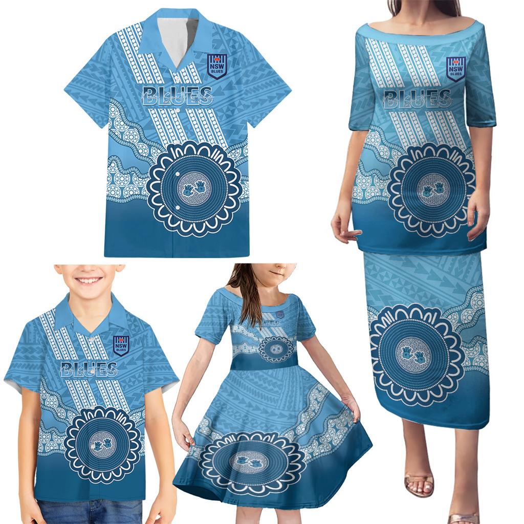 Custom NSW Blues Rugby Family Matching Puletasi and Hawaiian Shirt Aussie Aboriginal Mix Polynesian Pattern