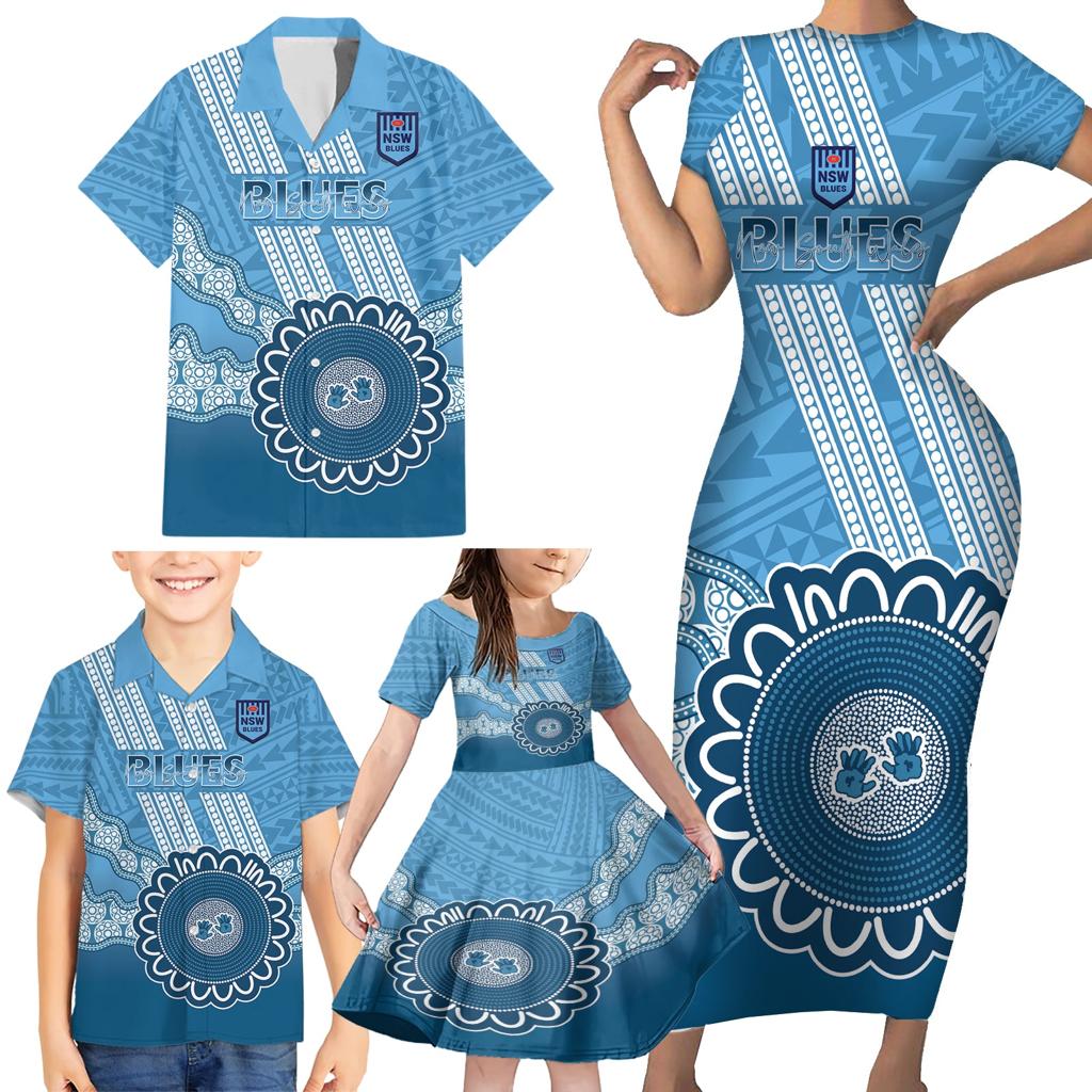 Custom NSW Blues Rugby Family Matching Short Sleeve Bodycon Dress and Hawaiian Shirt Aussie Aboriginal Mix Polynesian Pattern