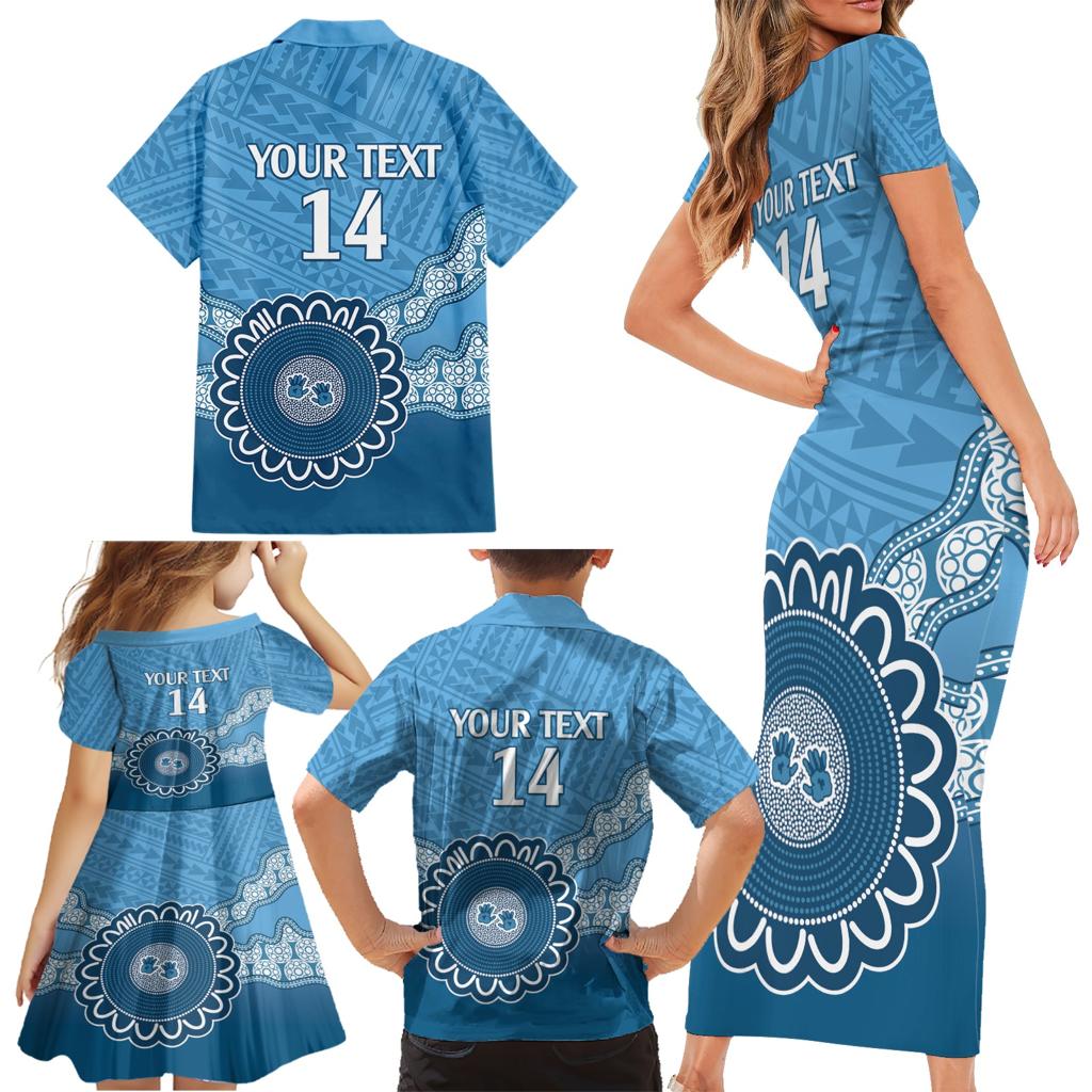 Custom NSW Blues Rugby Family Matching Short Sleeve Bodycon Dress and Hawaiian Shirt Aussie Aboriginal Mix Polynesian Pattern