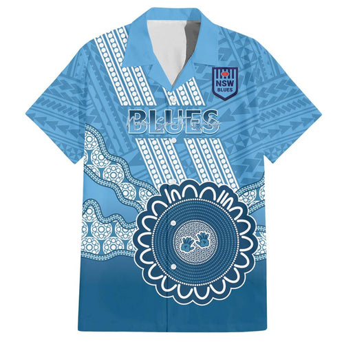 Custom NSW Blues Rugby Family Matching Short Sleeve Bodycon Dress and Hawaiian Shirt Aussie Aboriginal Mix Polynesian Pattern