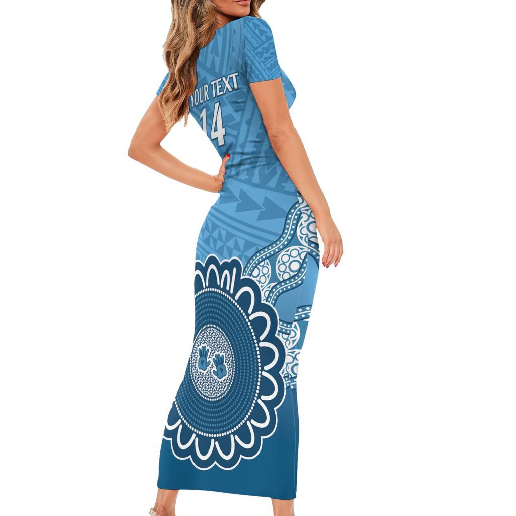Custom NSW Blues Rugby Family Matching Short Sleeve Bodycon Dress and Hawaiian Shirt Aussie Aboriginal Mix Polynesian Pattern